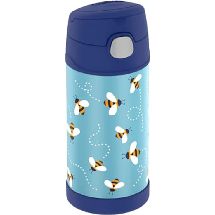 THERMOS kids FUNTAINER STRAW BOTTLE 0,35l, Edelstahlflasche mit Strohhalm, 12 Stunden kalt, absolut dicht, für Schule und Kindergarten, Design: Bienen – Bild 1