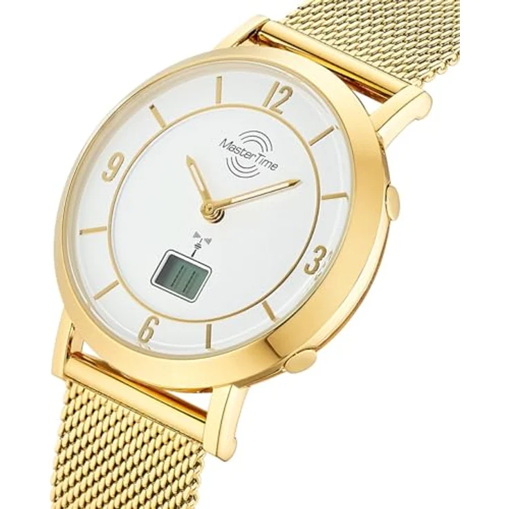 Master Time Funk Quarz Damen Uhr MTLA-10949-12M, Analog-Digital mit goldfarbenem Edelstahl Milanaise Armband, spritzwassergeschützt, präzises Funkuhrwerk – Bild 2