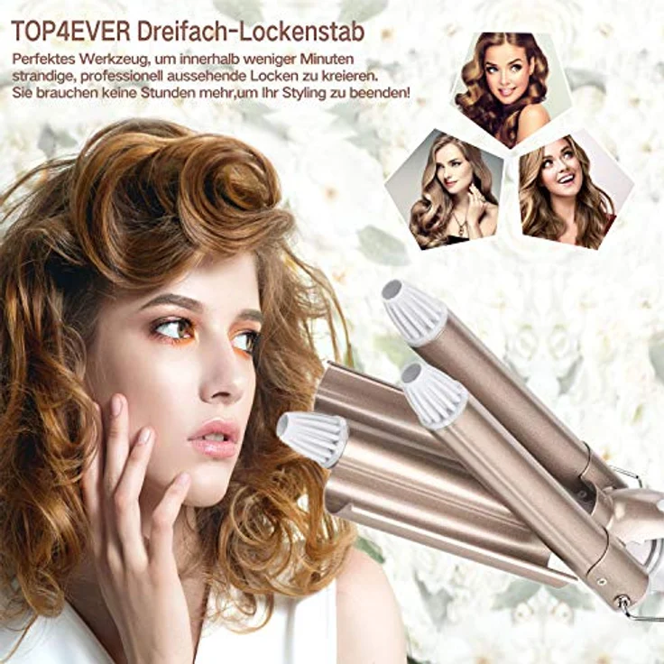 3 Fässer welleneisen, TOP4EVER lockenstab mit 3 stäben mit einstellbarer Temperatur, Welleisen Schnelle Heizung Große Welle für Lange/kurze Haare, Haar Styling Werkzeug 22mm … – Bild 4