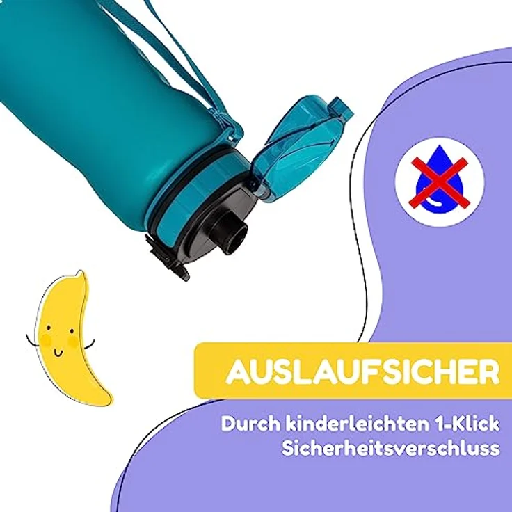 schmatzfatz 800ml, Sport Trinkflasche für Schule Kindergarten, 1-Klick Verschluss, Geschmacksneutrale Wasserflasche, Kinder Auslaufsicher mit Fruchteinsatz, BPA-Frei – Bild 2