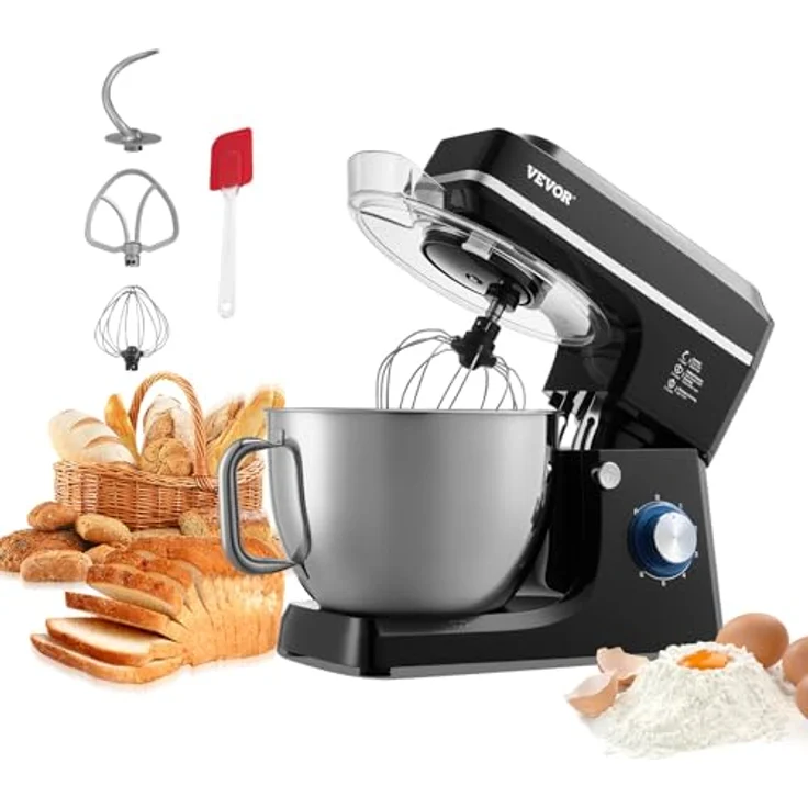 VEVOR Teigmixer 1400 W, Küchenmaschine mit 7,84 L Edelstahlschüssel, kippbarem Kopf, Knethaken, Schneebesen, schwarz – Bild 1