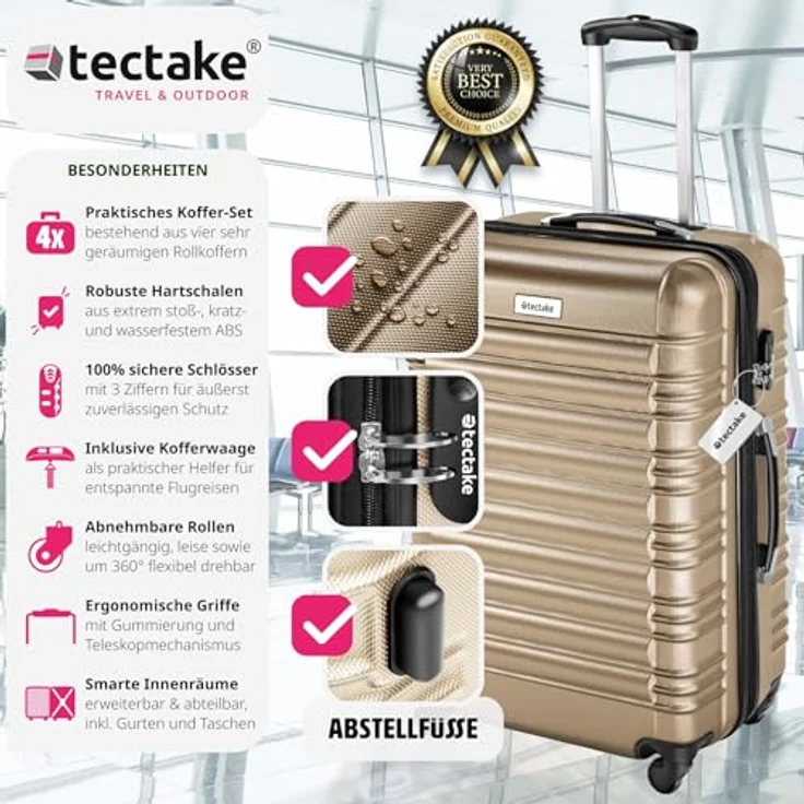 tectake® 4tlg. Hartschalenkoffer Set, Reisekoffer Set mit Rollen, Hartschale aus ABS, Koffer Set mit Teleskopgriff und Schloss, ink. Kofferwaage und Kofferanhänge, Trolley Größen S-M-L-XL - champagner – Bild 2