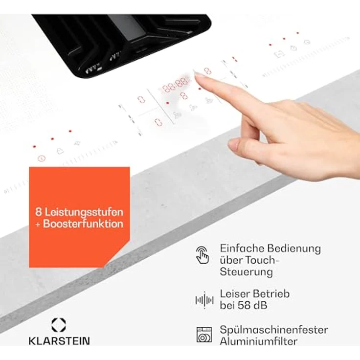 Klarstein AirJet FlexPro Induktionskochfeld mit Dunstabzug, A++ Effizienz, 750 m³/h Luftstrom, 14 kW Leistung, 4 Flexzonen, Leise 58 dB, Touch-Steuerung, Weiß – Bild 5