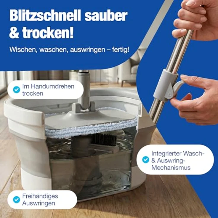 NTG Nutzfahrzeug Technik GmbH Wischmopp Set Roto-Mob mit Flex Eimer, 123 cm Teleskopstange & Mikrofaser-Pads, 2-Kammer-System für alle Bodenarten – Bild 2