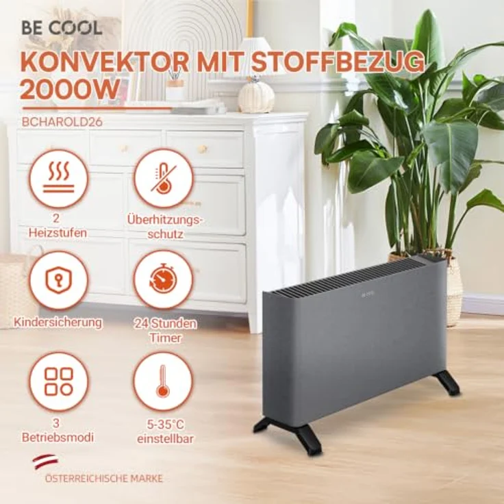 BE COOL Konvektor mit Stoffbezug "HAROLD", 2000W Heizleistung, dunkelgrau, elektronische Steuerung, 3 Heizmodi – Bild 2