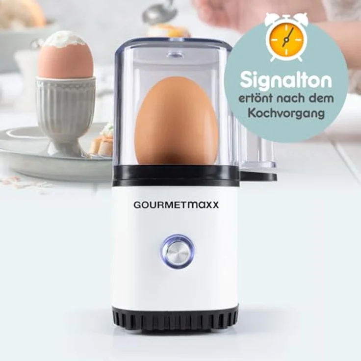 GOURMETmaxx Eierkocher für 1 Ei, Design Eierkocher weiß mit Eierstecher, 3 Härtegrade, spülmaschinenfeste Teile, kompakt und leicht zu reinigen – Bild 3
