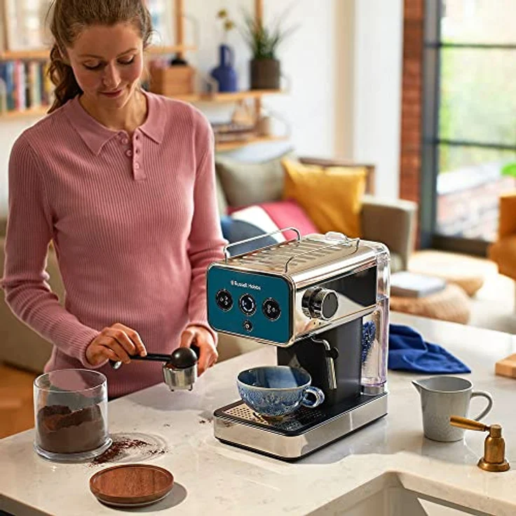 Russell Hobbs Espressomaschine [Siebträgermaschine] Distinction Edelstahl Ocean Blue (15 Bar, Einsatz 1&2 Tassen, ESE Pads, autom.Dosieren & man.Option, Dampfdüse f Heißwasser & Milchschaum) 26451-56 – Bild 3