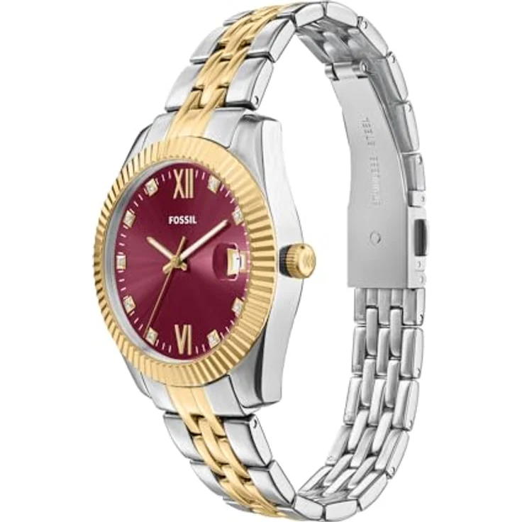 Fossil Scarlette Damenuhr, 32mm Quarz-Dreizeiger-Datumswerk mit gold- und silberfarbenem Edelstahlarmband und rosa Sunray-Zifferblatt – Bild 3
