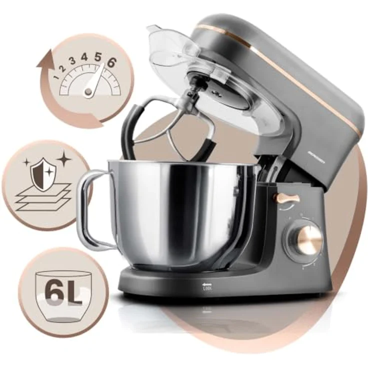 Berdsen 1400 W BD-756 3-in-1 Planetenrührwerk Küchenmaschine, 6L Edelstahlschüssel, silber-gold, 6 Geschwindigkeitsstufen – Bild 2