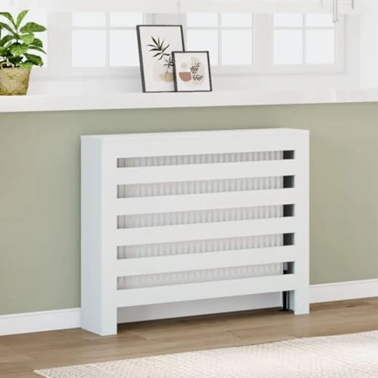 vidaXL Heizkörperverkleidung, Weiß 104x20x82 cm, langlebiger Holzwerkstoff mit modernem Latten-Design und praktischer Ablagefläche – Bild 2