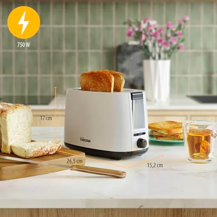 Tristar Toaster BR-1055, 2 Toastschlitze, 7 Bräunungsstufen, Brötchenaufsatz, Auftaufunktion, Liftfunktion, Zentrierfunktion, Abbruchfunktion, Weiß – Bild 2