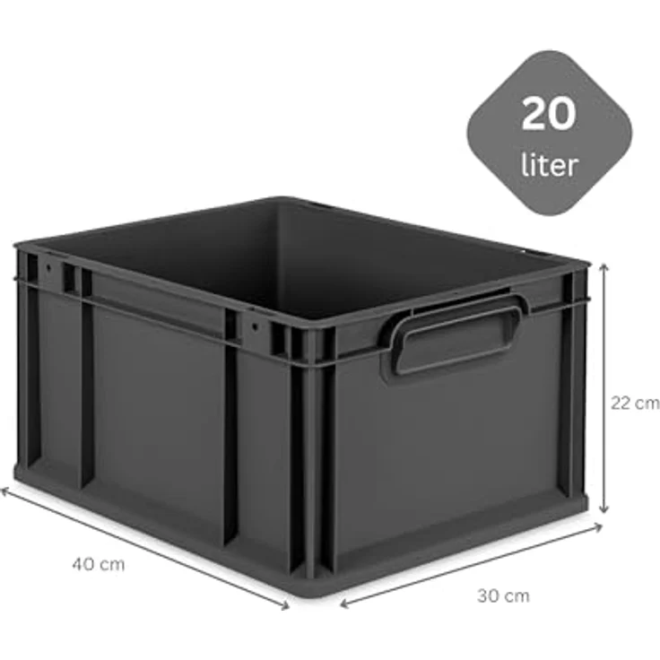 PROREGAL Eurobox NextGen Grip SuperSparSet 8x, 20L, Schwarz, mit Auflagedeckel und 4 blauen Schiebeschnappverschlüssen, HxBxT 22x30x40cm, stapelbar, robust und recyclingfähig – Bild 3