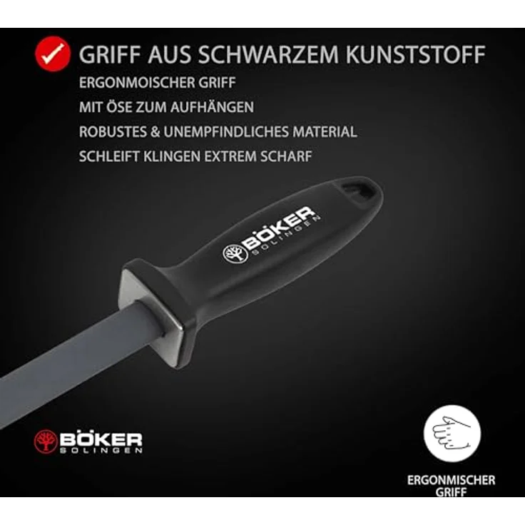 BÖKER SOLINGEN® Keramik Schleifstab 28 cm, Profi Wetzstahl oval mit 20° Winkel-Hilfe, Küchenmesser-Schärfer mit mittlerer Körnung 1000, schwarz – Bild 4