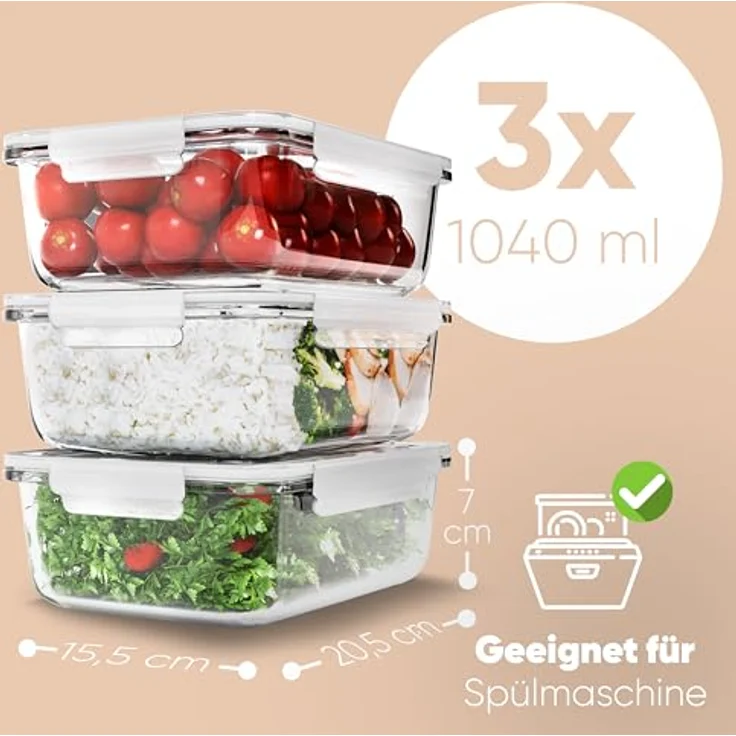 classbach Frischhaltedosen C-FHD 4020 G, 3er Set aus Glas mit 4-fach Click & Safe-Verschluss und Dampfventil, ideal für Mikrowelle, Spülmaschine und Gefrierfach, 1040 ml – Bild 4
