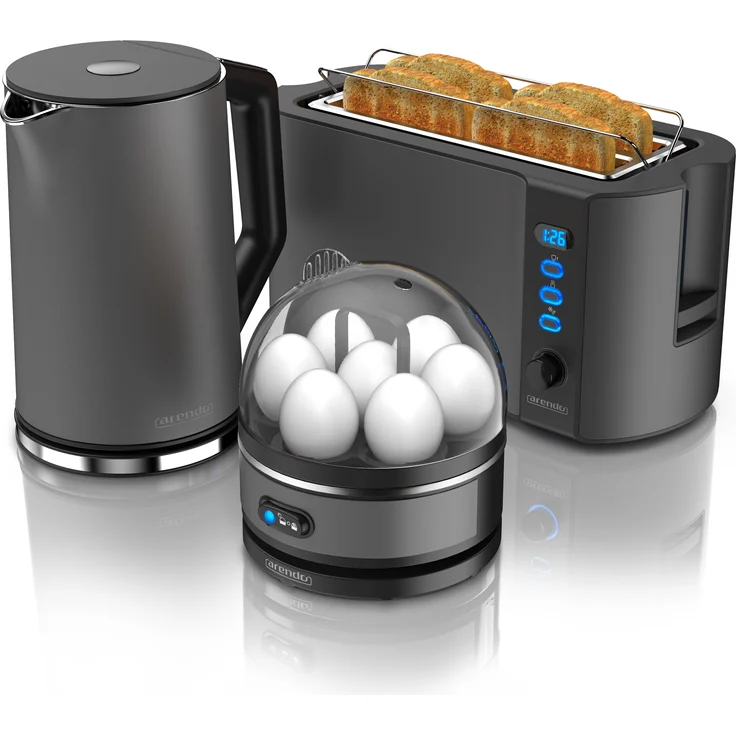 Arendo - Wasserkocher mit Toaster und Eierkocher SET Edelstahl Grau, 1,5L, LED-Display, 6 Bräunungsgrade, 1-7 Eier, BPA frei