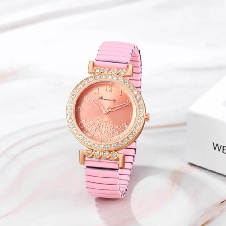 JewelryWe Damenuhr Elastisch mit Zirkonia-Diamanten, rosa Edelstahl, Analog Quarz, Stretch-Armband und leicht ablesbarem Zifferblatt – Bild 4