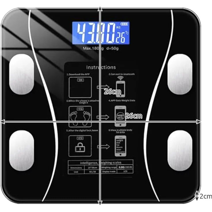 Ruhhy Personenwaage 22525, bis 180 kg, LCD-Anzeige, Bluetooth, hochpräzise Sensoren, schwarzes hartes Glas – Bild 2