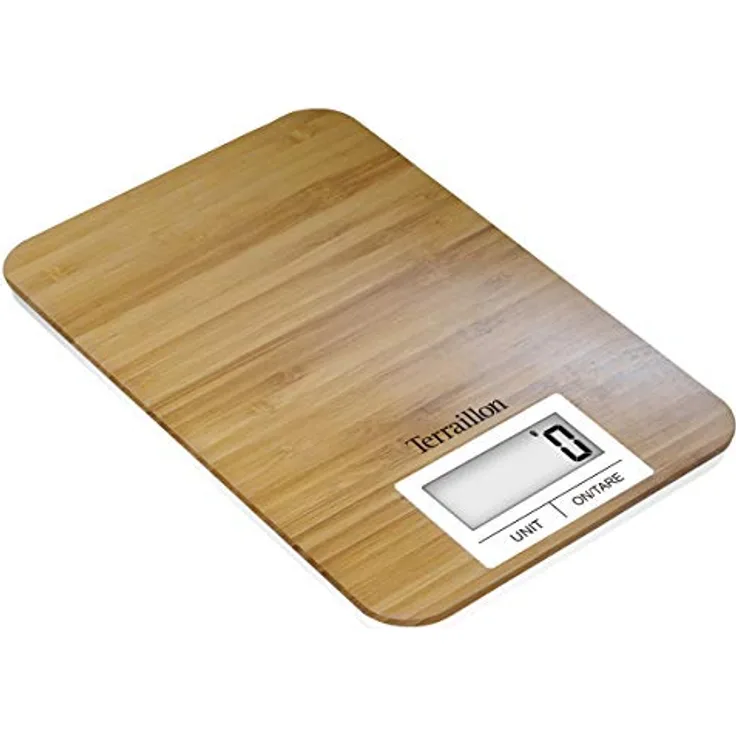 TERRAILLON Küchenwaage aus natürlichem Bambus – Tara, Flüssigumrechnung, Wiegebereich max. 3 kg – Modell 'Bamboo' Braun