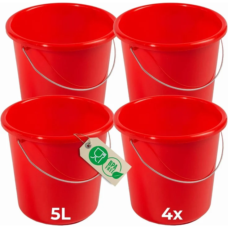 Novaliv Putzeimer 30941-4x, 4er Set 5L Eimer in Rot mit Maßeinteilung für präzise Dosierung – Robuster Kunststoff mit Metallgriff