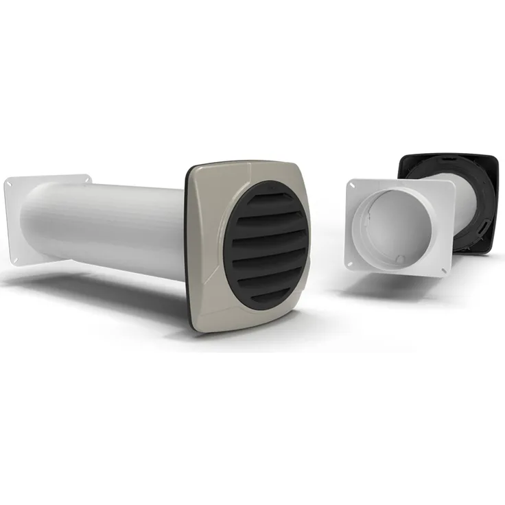 Airtec Rundrohr Ø 125 mm, Teleskopmauerkasten 350-680 mm, Rückschlagklappe, Aluminium in Edelstahloptik