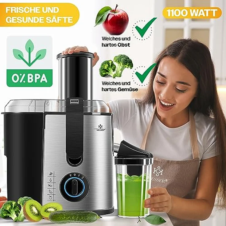 KESSER Entsafter für Obst und Gemüse, aus Edelstahl, 1100W, große 85 mm Einfüllöffnung, inkl. Reinigungsbürste und Saftbehälter, 3 Geschwindigkeitsstufen, Saftpresse Juicer, silber – Bild 2
