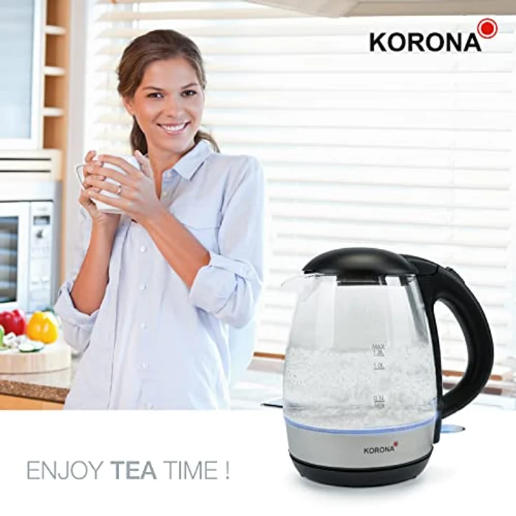 Korona 20608 Glas-Wasserkocher, 2200 Watt, 1,2 Liter, LED-Beleuchtung, verdecktes Heizelement, Kalkfilter, silber, schwarz – Bild 9