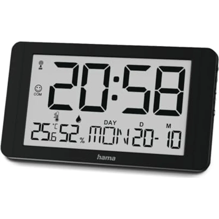 Hama Wanduhr Kuba, DCF-Funkuhr mit digitaler Anzeige, Temperatur- und Luftfeuchtigkeitsanzeige, automatischer Zeitanpassung, Kalender- und Wochentagsanzeige, 12/24-Stunden-Format – Bild 2