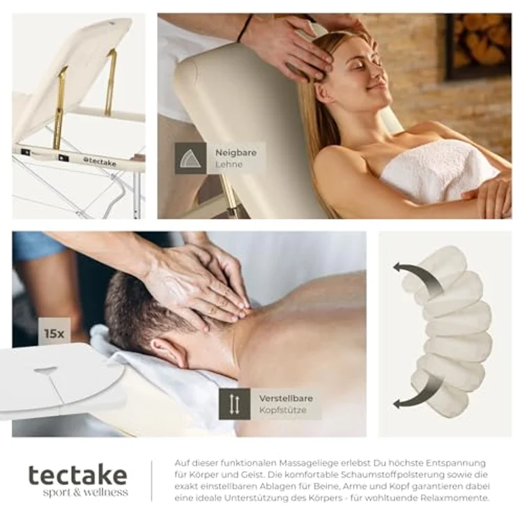 tectake Massageliege Ko Tao, klappbar, 3-Zonen, Beige, Metall, höhenverstellbar, 108x90x212 cm – Bild 7