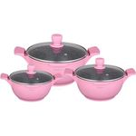 COFI 1453 Kochtopfset 20-24-28cm 6-tlg Topf Induktion Alu Guss Geschirr Pink, Antihaftbeschichtung, ergonomischer Griff, geeignet für alle Herdarten