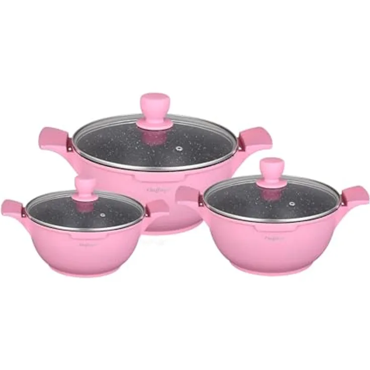 COFI 1453 Kochtopfset 20-24-28cm 6-tlg Topf Induktion Alu Guss Geschirr Pink, Antihaftbeschichtung, ergonomischer Griff, geeignet für alle Herdarten