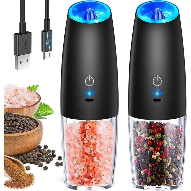 Kityhome USB Elektrische Salz-/Pfeffermühle im 2er-Set, Einhandbedienung mit Schwerkraft, 184 g Meersalz & 100 g Pfeffer, Hochwertiger Keramikkern, blaue LED-Beleuchtung
