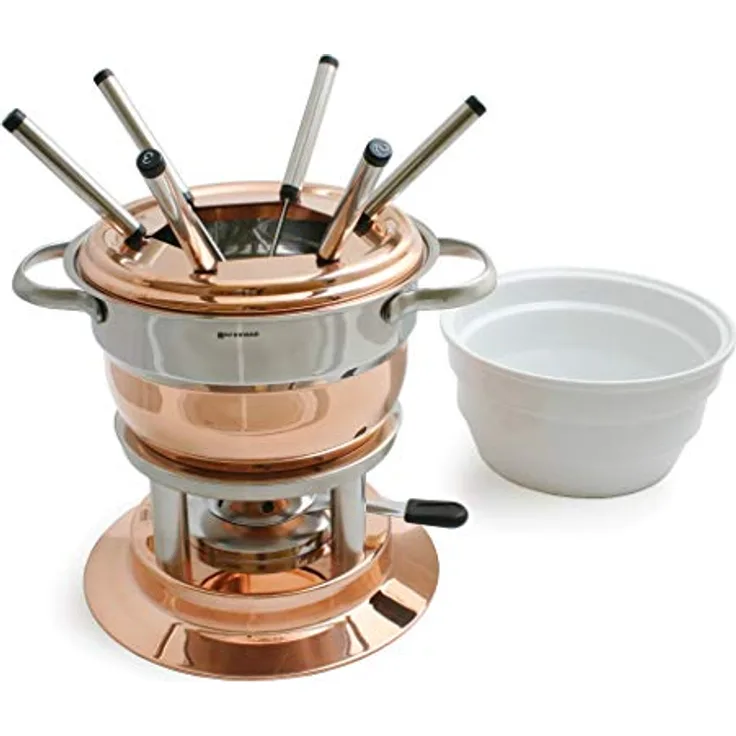 Swissmar F66415 Lausanne Fondue Set 11-teiliges, Kupfer/Edelstahl, 1.8L, Fondue-Set für Fleisch, Käse und Schokolade, für 6 Personen, Geschenkset