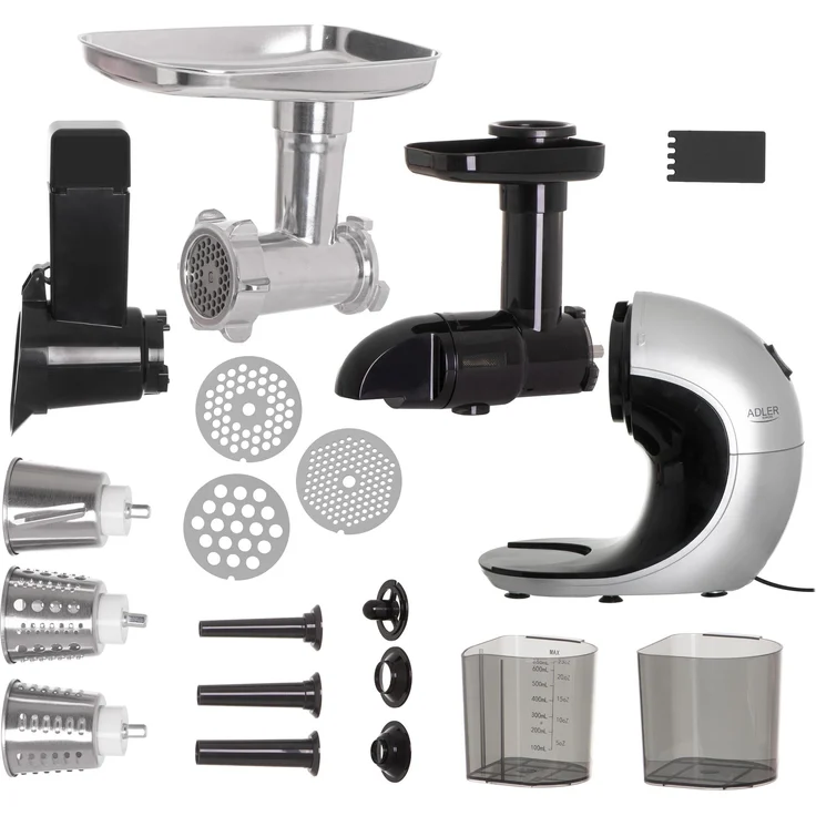Adler AD 4131 Slow-speed juicer 3in1 - Meat mincer, Juicer, Vegetable grater, Stainless Steel, Entsafter, Silber – Bild 1