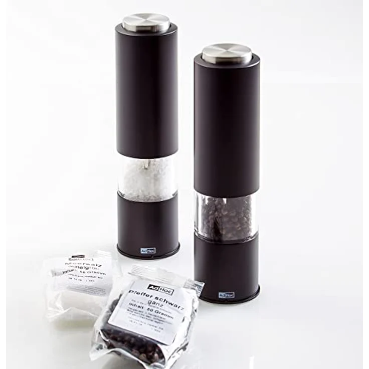 AdHoc 2er Geschenk Set elektrische Salzmühle und Pfeffermühle TROPICA in Schwarz mit Keramikmahlwerk einstellbar fein bis grob inkl. Salz & Pfeffer – Bild 5