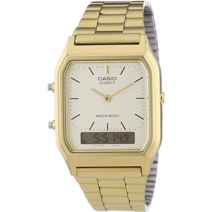 CASIO Unisex Armbanduhr Analog-Digital Quarz Edelstahl AQ-230GA-9DMQYES, LED light, Edelstahlarmband, Wasserdicht bis 10 bar, Zweite Zeitzone, Gold