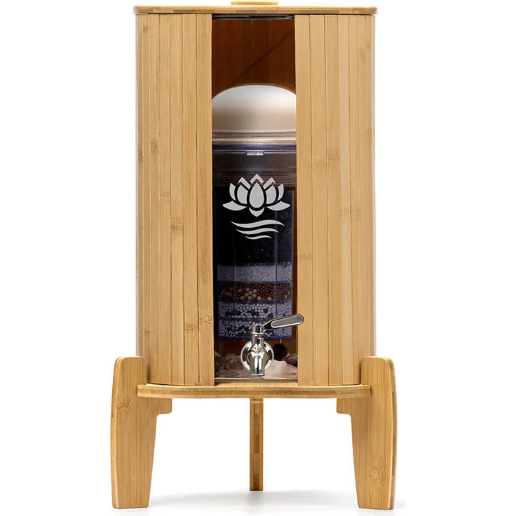 Lotus Vita Wasserfilter Glas-Wasserspender Kendra 9L - Lotus Fontana, Borosilikatglas, Bambus/Akazie, Pi Premium Filter, Keramik-Filter, Kalk-Nachfüllbeutel