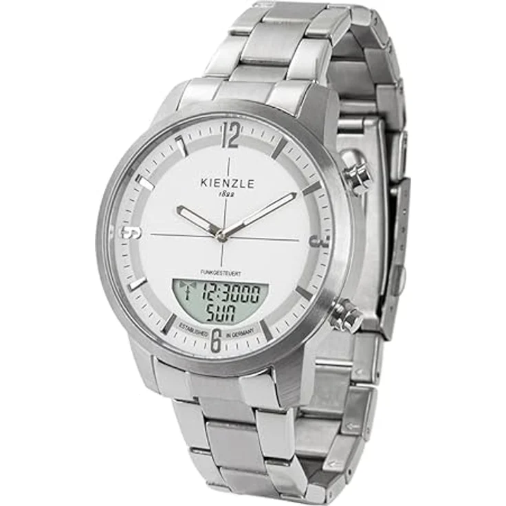 KIENZLE Funk-Armbanduhr Modell HAMBURG, Quarz-Uhrwerk, digitale Anzeige, leuchtende Zeiger, wasserdicht bis 10 bar, inkl. Geschenketui, silber - Preisvergleich – Bild 2