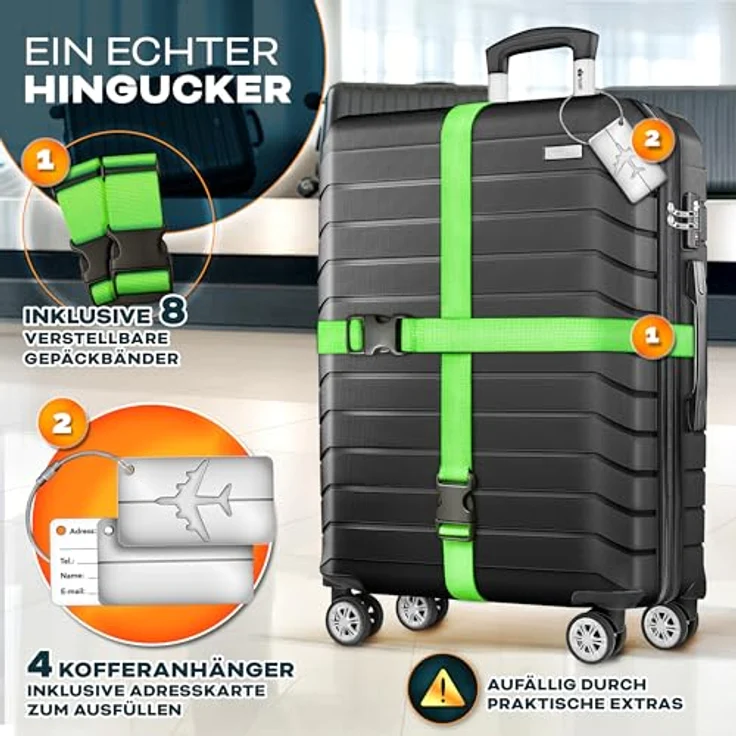 tillvex® Reisekoffer Set 4-TLG. Hartschalenkoffer S-M-L-XL mit 4 Rollen, TSA Schloss, Gepäckwaage, 8 Koffergurte & 4 Kofferanhänger (Schwarz) – Bild 2