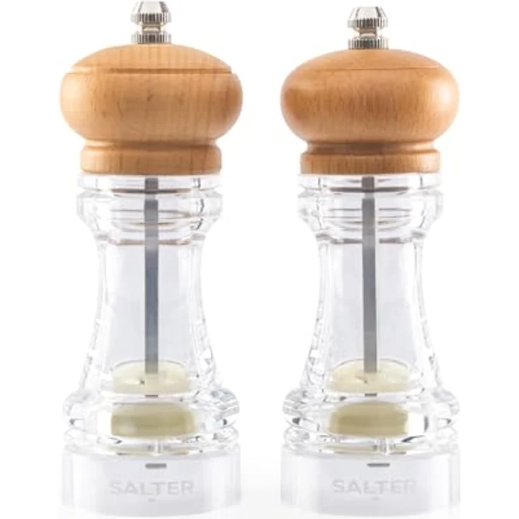 Salz- und Pfeffermühlen-Set, Küchenmühle aus Buchenholz, Keramikmühle für Härtere, Schärfere Mahlung, ideal für HIMALAYA-Salz und Pfeffer, Verstellbare Mühlen Fein- Grob Dispenser – Bild 2