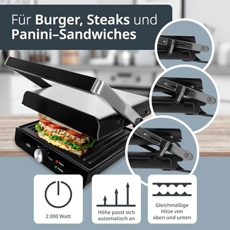 ADE Kontaktgrill 2.000 Watt | antihaftbeschichteter Sandwichmaker 3 in 1 | elektrischer Tischgrill 180° aufklappbar | für Sandwiches, Toast, Steaks, Gemüse, Panini | Edelstahl – Bild 3
