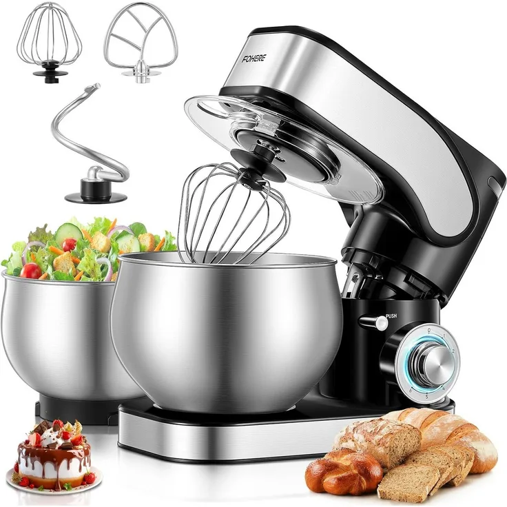 FOHERE Küchenmaschine 5L+3L Dual-Schalen, 1300W mit 6+P Geschwindigkeiten, Edelstahl
