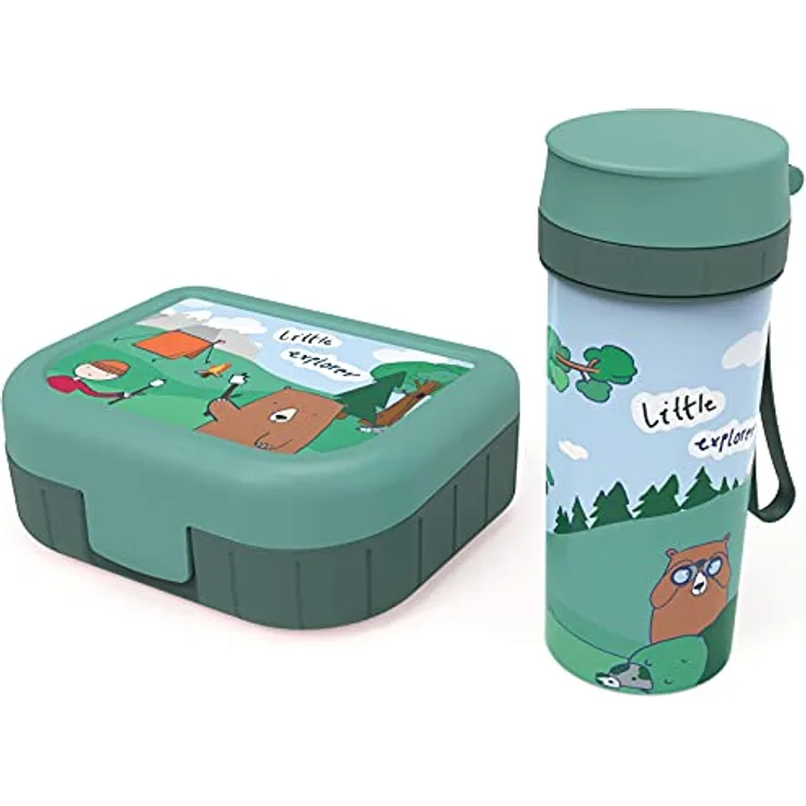 Rotho Memory Kids 2er-Set Brotdose mit Trinkflasche, lebensmittelechter Kunststoff (PP) BPA-frei, mehrfarbig, 1l + 0.4l (20.7 x 7.5 x 17.4 cm)