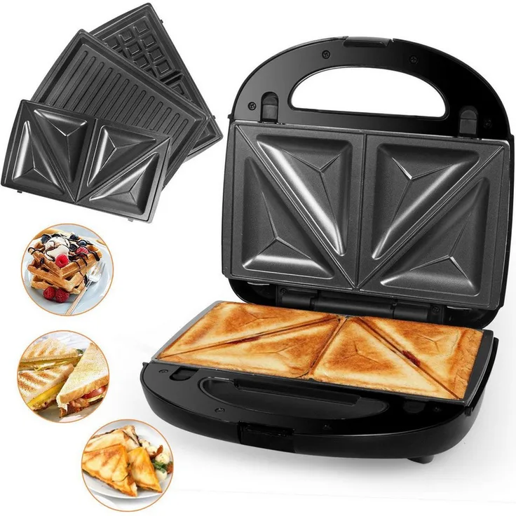 OZAVO 3-in-1 Sandwichmaker, Sandwichtoaster, Waffeleisen & Kontaktgrill mit 750 W Leistung, antihaftbeschichteten abnehmbaren Platten 23x23 cm