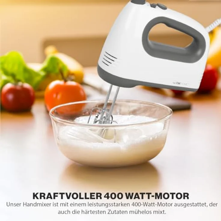 Clatronic HM 3775 Handmixer, 400 Watt, 5 Geschwindigkeiten, Besteck-Auswurftaste, Turbostufe, Kunststoff, weiß-grau – Bild 2