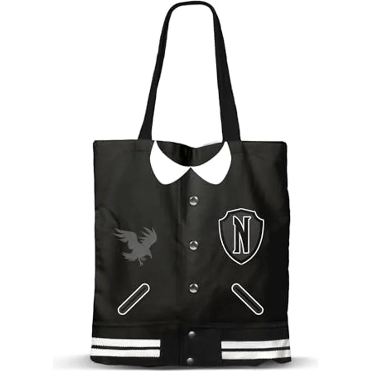 KARACTERMANIA Wednesday Varsity-Shopping Bag Einkaufstasche, Schwarz, mit Innenfutter und zwei Schultergurten, Maße 40 x 34 x 1 cm