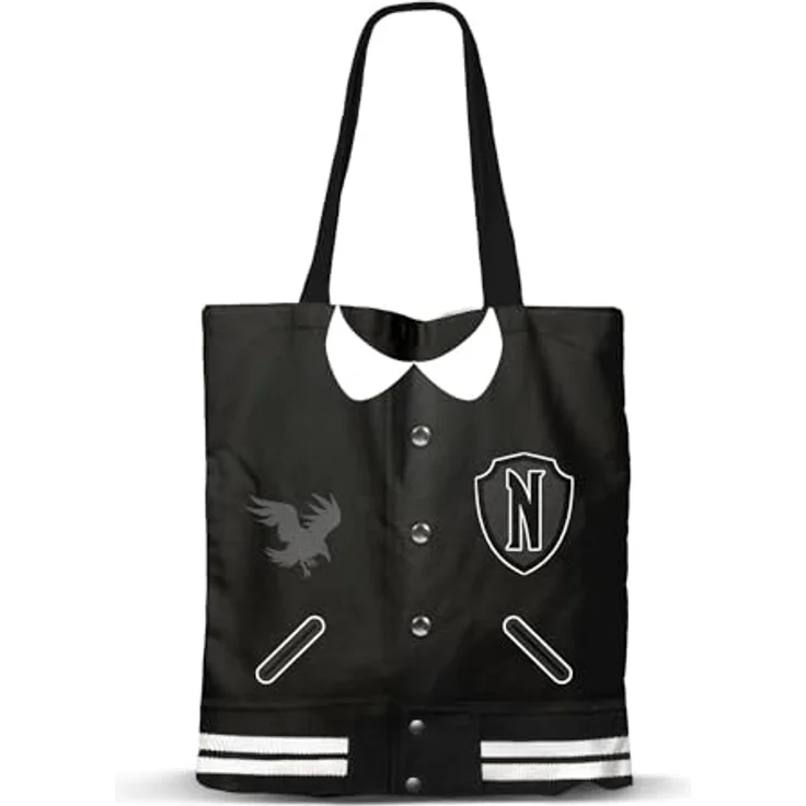 KARACTERMANIA Wednesday Varsity-Shopping Bag Einkaufstasche, Schwarz, mit Innenfutter und zwei Schultergurten, Maße 40 x 34 x 1 cm – Bild 1