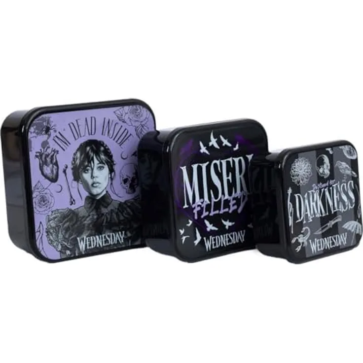 Wednesday Lunchboxen 3 in 1 Snacktöpfe, schwarz/violett, spülmaschinenfest, mikrowellen- und gefriergeeignet, offizielles Lizenzprodukt