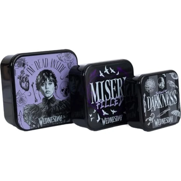 Wednesday Lunchboxen 3 in 1 Snacktöpfe, schwarz/violett, spülmaschinenfest, mikrowellen- und gefriergeeignet, offizielles Lizenzprodukt – Bild 1