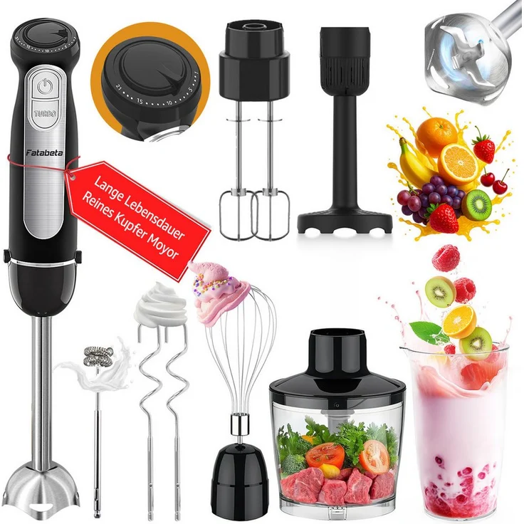 7MAGIC HB6021, Elektrischer Stabmixer Set 9 in 1 mit 1100 W, 21 Geschwindigkeitsstufen, Edelstahl, für Babynahrung, Suppe, Smoothie