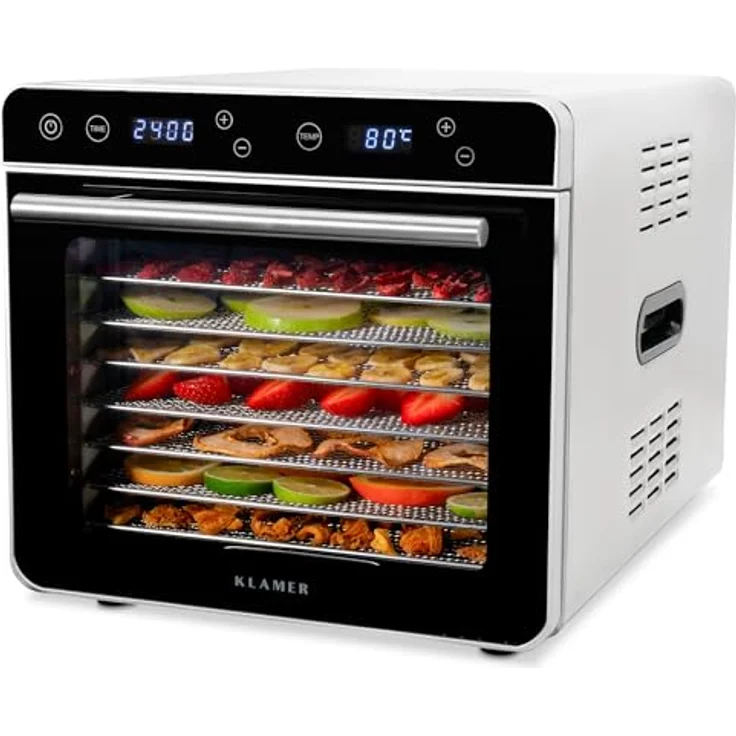 KLAMER Premium Dörrautomat XL 700W, 24h-Timer und 35-80°C Temperaturregler, 8 extra große Einlegefächer aus Edelstahl, Trockner aus Edelstahlgehäuse – Bild 1